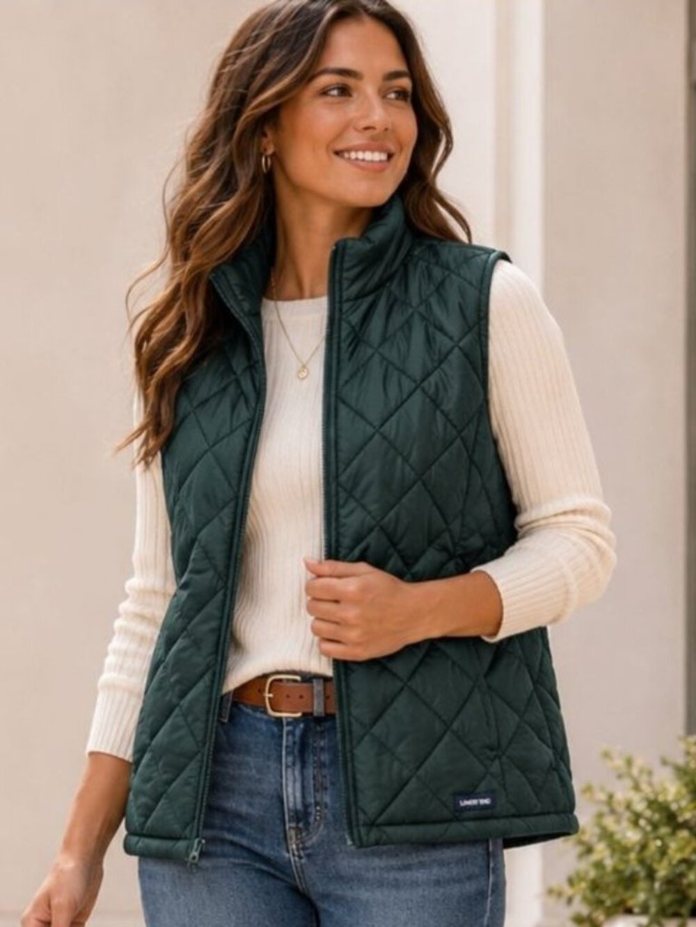 Lands' End Quilted Vest Womens Medium Hunter Green Full Zip Preppy Equestrian